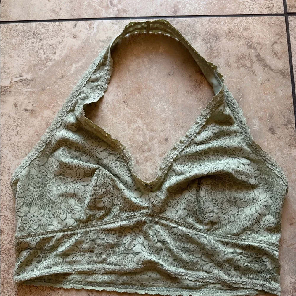 Rare Comfy VS PINK Lace Halter Bralette in Sage Green - Picture 2 of 9